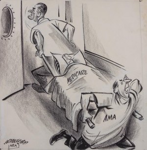 A 1960's political cartoon illustrating the battle between President Johnson and the AMA. The AMA had spent $50 million, hired 70 publicists and 23 full-time lobbyists to kill proposed Medicare legislation.