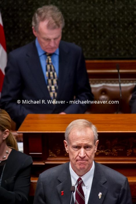 Illinois Governor Bruce Rauner Flanked by House Speaker Michael Madigan