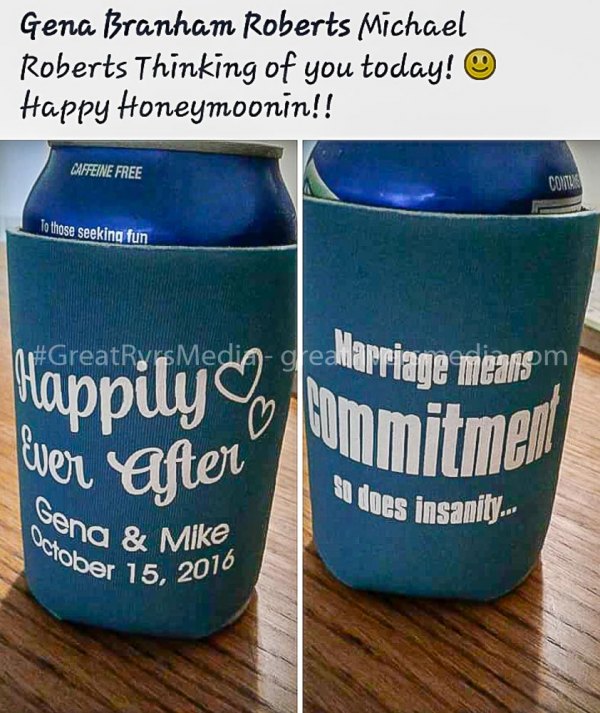 Photo of foam can covers given out at the wedding of Michael & Georgena Roberts.