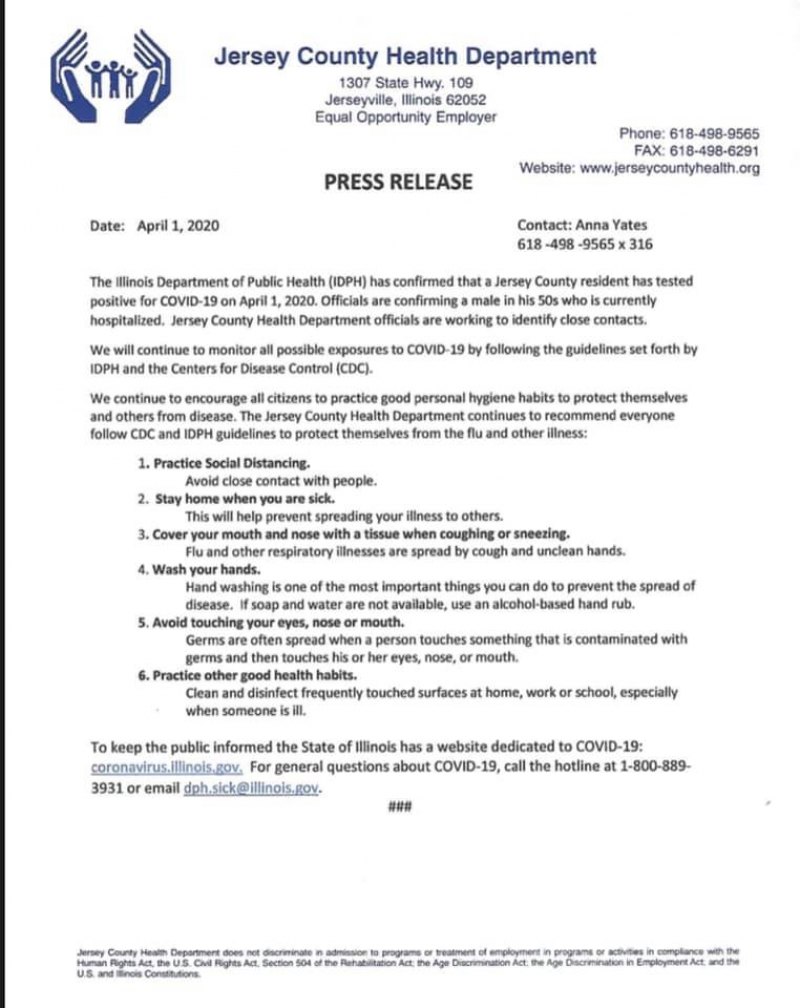 COVID-19 Has Arrived In Jersey County Jersey County Health Department press release.