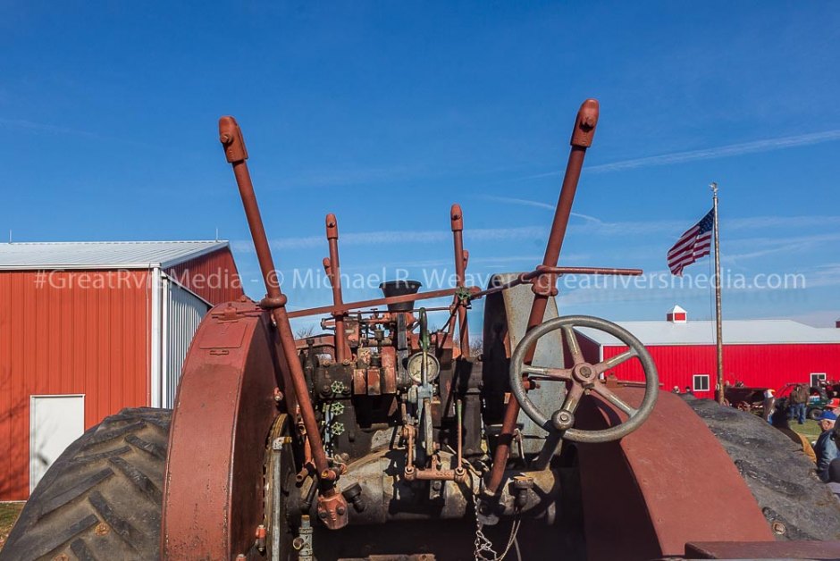 Controls and steering for steam traction engine sold at Hazel Dell auction.